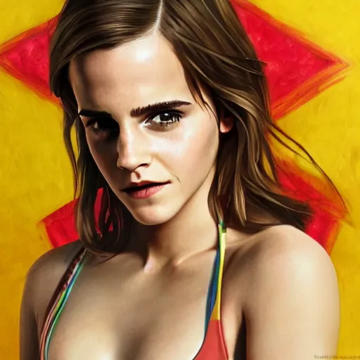 Prompt: highly detailed painting of emma watson wearing a bikini, gta 5 cover art style, 8 k, radiant light, detailed and intricate environment, trending on artstation