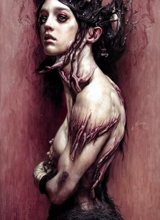 Image similar to half demon half human intricate skin hairy costume, elegant, peaceful, full body, horns, hyper realistic, extremely detailed, dnd character art portrait, fantasy art, intricate fantasy painting, dramatic lighting, vivid colors, deviant art, artstation, by edgar maxence and caravaggio and michael whelan and delacroix.