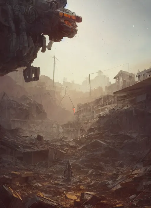 Image similar to A bipedal mech standing among the rubble of a destroyed city by Simon Stålenhag, artstation, mecha, military, science fiction, digital painting, 4k