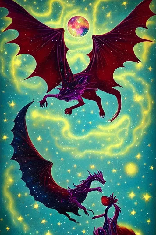 Image similar to surreal hybrid dragon and fox, Dream, magic realism, flowerpunk, mysterious, a midnight sky of nebula and starry space, vivid colors, by andy kehoe, amanda clarke