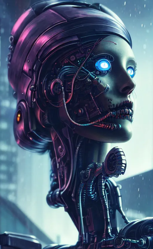 Image similar to beautiful crying! female mechanical android!, half portrait, intricate detailed environment, photorealistic!, octane render, concept art, cinematic, interstellar, ultra detailed, sharp, el dia los muertos!, cyberpunk, bladerunner, 8 k, by angus mckie, moebius, maciej kuciara, stanley lau, artgerm, greg rutkowski