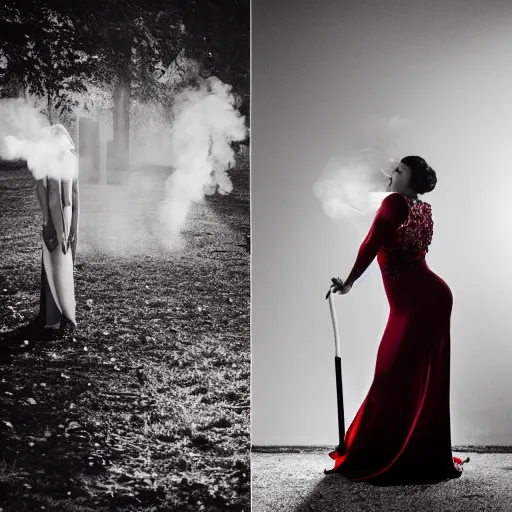 Image similar to a detailed photo of woman in evening dress and smoke around the woman, noire photo, grayscale photo with red dress, photo by Michael David Rock, 8K, 50mm lens