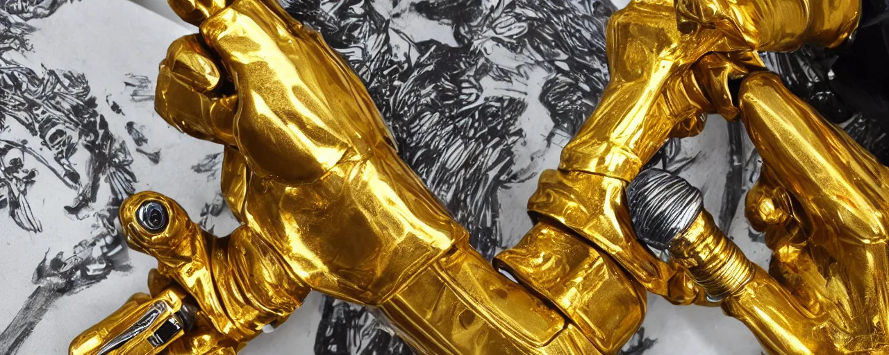 Prompt: a closeup of a gold robot hand holding a fountain pen, hyper realistic