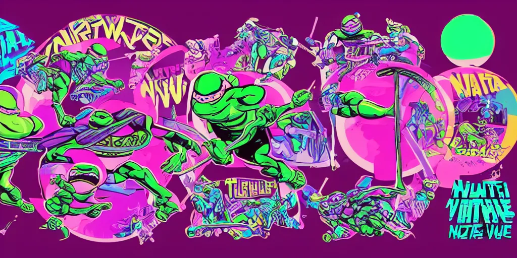 Image similar to vaporwave, vector graphics, ninja turtles, neon