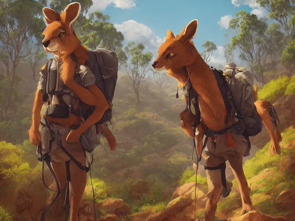 Prompt: stylized three quarters portrait concept art of the anthro anthropomorphic kangaroo roo head animal person fursona wearing clothes hiker adventurer standing in australia outback, hidari, color page, tankoban, 4 k, tone mapping, akihiko yoshida, clean bright happy