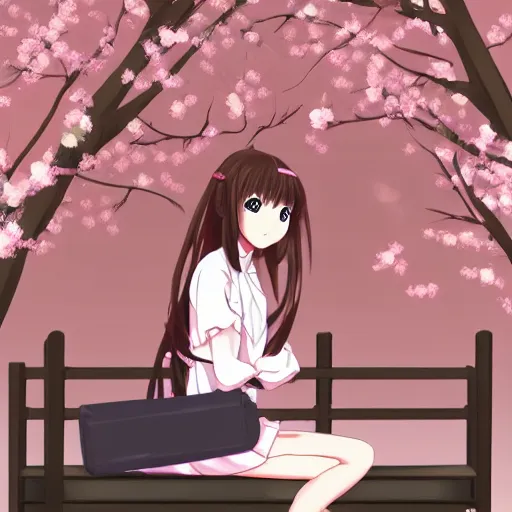 Image similar to anime girl sitting on a bench, highly accurate and proportional, spring time, cherry blossom in the background