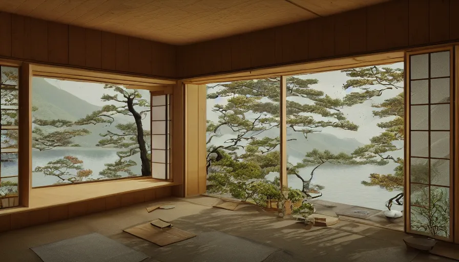 Image similar to interior of a japanese house built on the mountains, view, view on the lake, sunrise through the windows, forest, hyperdetailed, artstation, cgsociety, 8 k