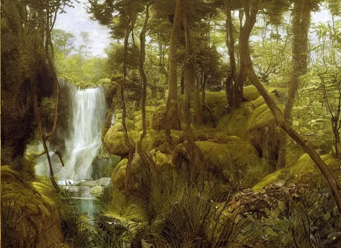 Prompt: enchanged forest. looking down into hole. waterfall to a tranquil pond and with a sandy beach. edgar maxence and caravaggio and michael whelan and delacroix style, artistic, intricate painting, cinematic lighting, hyper realistic, extremely detailed, vivid colors, establishing shot, dramatic lighting. rocky sides ( lush patches of moss and ferns ). rough stone stairway