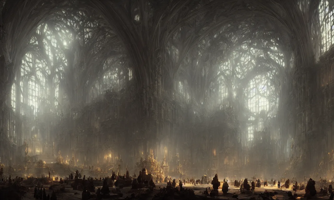 Prompt: great hall of the mountain king. andreas achenbach, artgerm, mikko lagerstedt, zack snyder, tokujin yoshioka