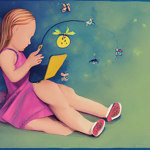 Prompt: children book illustration of little blonde girl with iphone by eloise wilkin