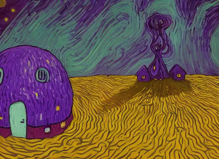 Prompt: detailed painting of a mysterious house inside a giant purple mushroom, mystical dark purple landscape at night, dark purple sky, blue bioluminescent life, in the style of moebius and studio ghibli and vincent van gogh and claude monet