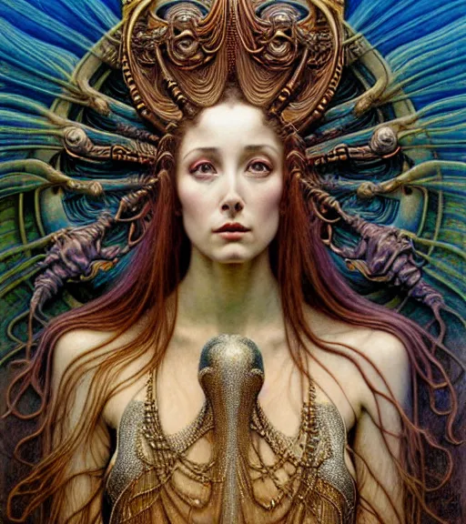 Prompt: detailed realistic beautiful young cher queen of mars portrait by jean delville, gustave dore and marco mazzoni, art nouveau, symbolist, visionary, baroque, iridescent fractal details. horizontal symmetry by zdzisław beksinski, iris van herpen, raymond swanland and alphonse mucha. highly detailed, hyper - real, beautiful