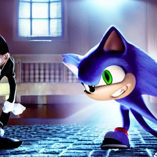 Prompt: a still of from the movie the exorcist crossover with the game sonic unleashed