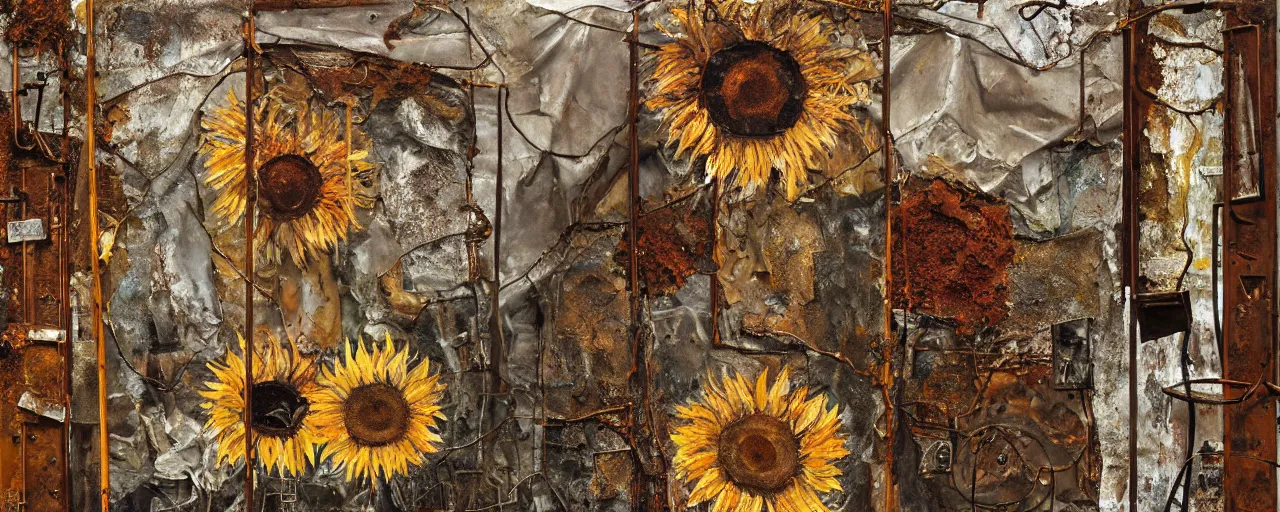 Prompt: an abstract painting of rusted metal and sunflowers, by Anselm Kiefer and Lucian Freud, rust, Scaffolding, iron cladding, decay, mixed media, textured, anatomically correct, beautiful perfect face, sharp focus, Highly Detailed