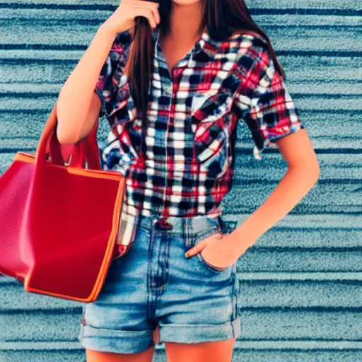 Image similar to cute modern style cartoon girl wearing plaid shirt and jean shorts, she is grinning