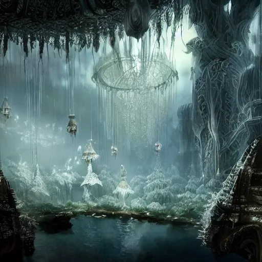 Image similar to under an white intricate like lace epic forest suspended in the air upside down, a white pool with intricate epic circles of water within floating female robots, dressed in intricate veils and jewels, and an intricate mythological underwater city, epic environment, matte painting, diffused lighting, highly detailed, cinematic, epic atmosphere, digital art, trending on artstation, wide angle