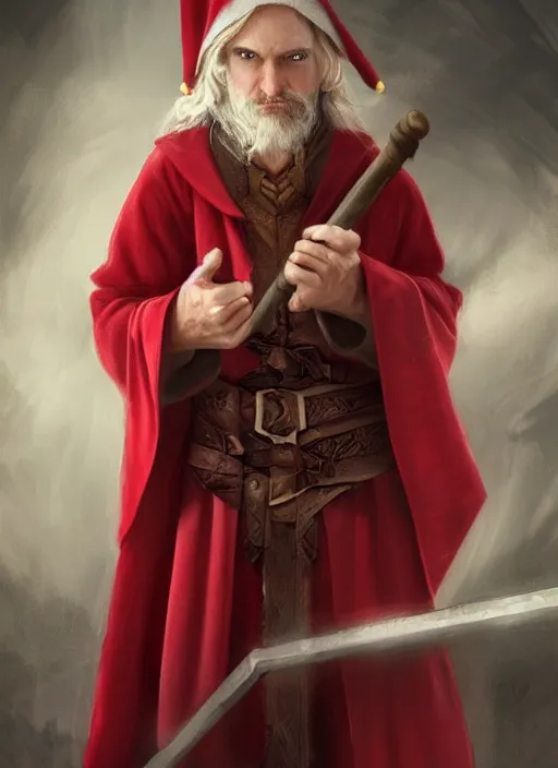 Prompt: middle aged male elf wizard wearing a red robe and holding a staff, trending on artstation, D&D, soft lighting, HD, sharp focus, intricate, masterpiece, concept art, character design
