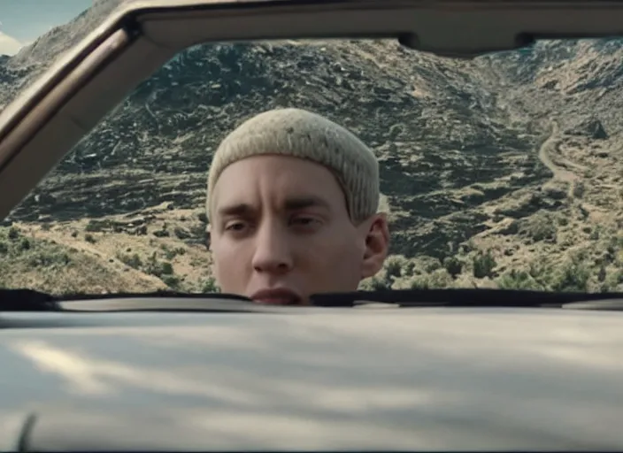 Image similar to a very high resolution image from a new movie, eminem driving a car. inside of a car. alone. mountains, directed by wes anderson