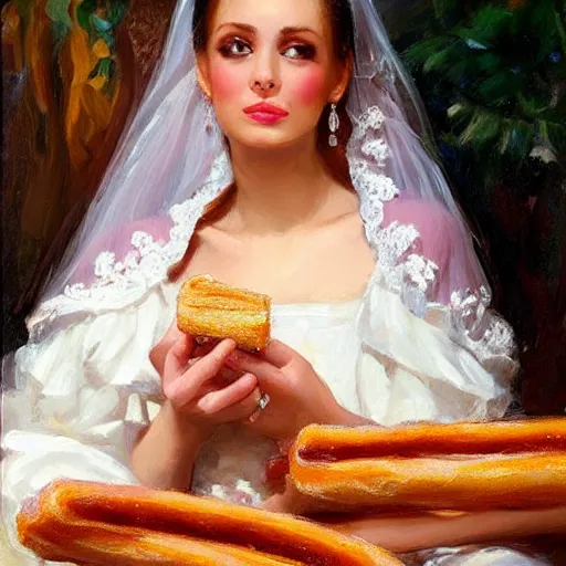 Prompt: a bride eating a churro art by Konstantin Razumov