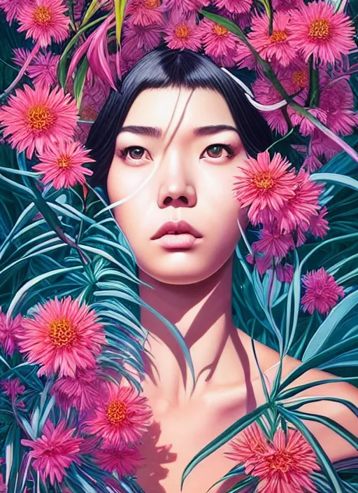 Prompt: gigantic girl head, a lot of exotic vegetation, trees, flowers by junji ito, tristan eaton, victo ngai, artgerm, rhads, ross draws, hyperrealism, intricate detailed