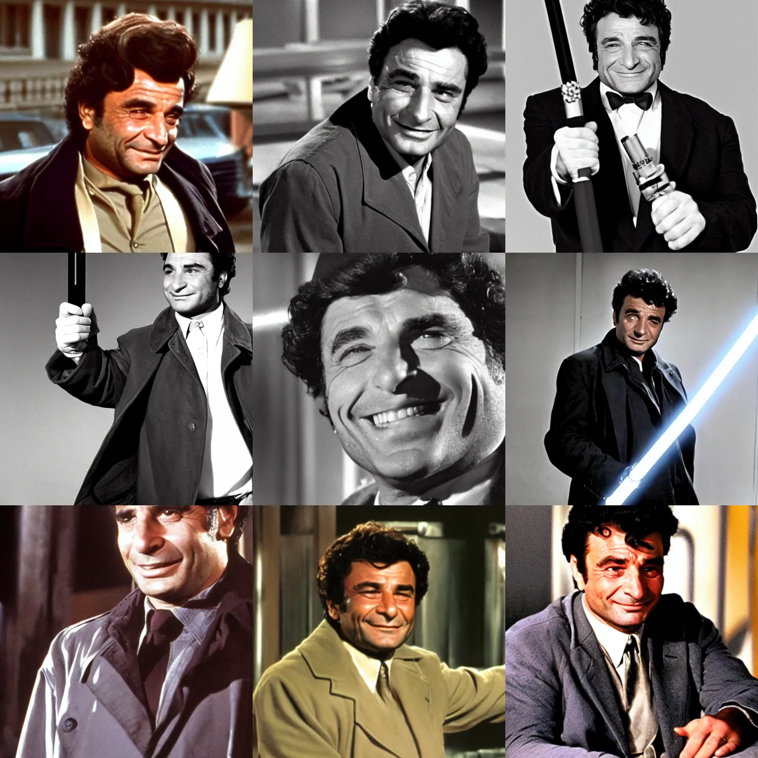Prompt: a young peter falk as detective columbo in his trenchcoat, insincerely smiling, holding a lightsaber