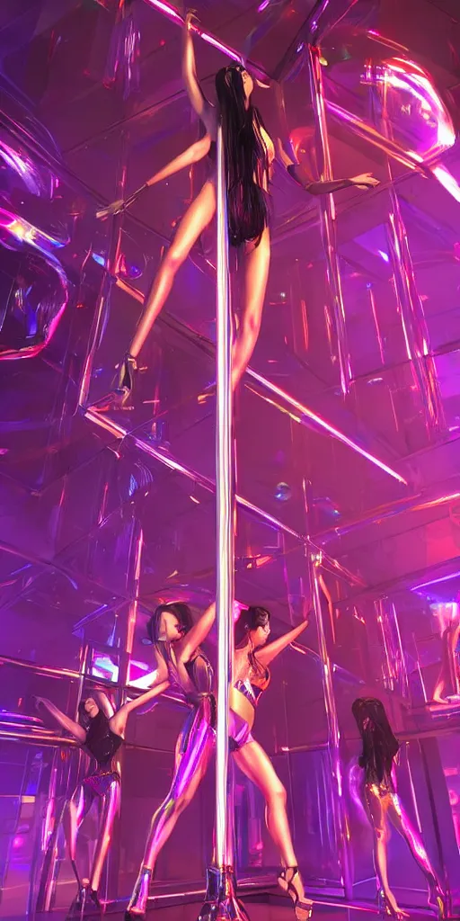 Image similar to full clothed exotic holographic pole dancers in a futuristic night club, artstation, cgsociety, behance hd