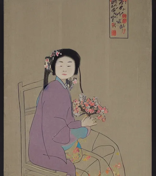 Prompt: a woman with a flower in her head sits on a chair in the corner of an empty room, view from behind, xue jiye