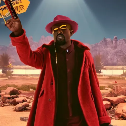 Image similar to Kanye West as willy wonka in fallout new vegas, splash art, movie still, cinematic lighting, dramatic, octane render, long lens, shallow depth of field, bokeh, anamorphic lens flare, 8k, hyper detailed, 35mm film grain