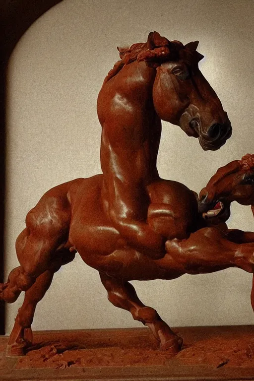 Image similar to a high detailed sculpture of a horse, rearing dramatically made out of raw hamburger, by michelangelo