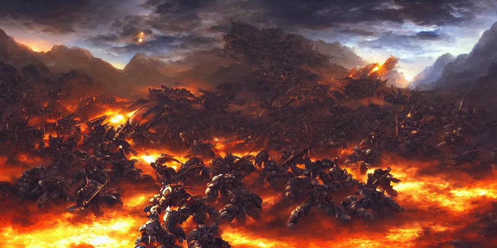 Image similar to a highly detailed digital painting of space marines battling primarch, epic composition, volumetric lighting, warhammer