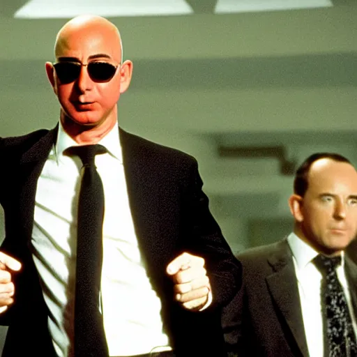 Image similar to jeff bezos as mr orange in reservoir dogs, opening credits, group walking together, 3 5 mm film, high quality film, big screen, cinematic