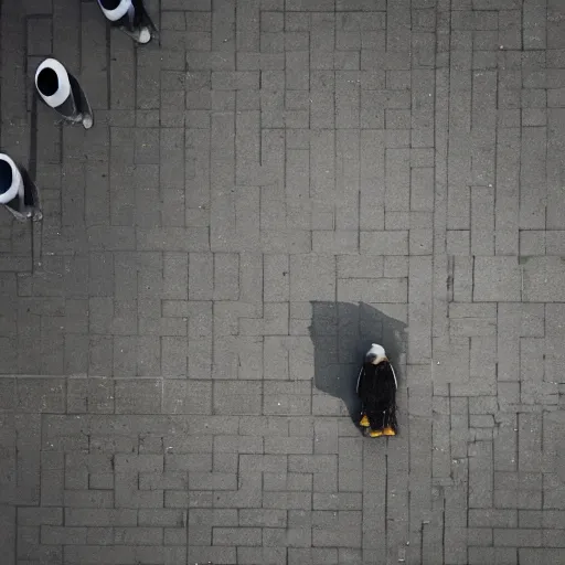 Image similar to A duck staring at a homeless person, cinematic, professional photography, taken from above