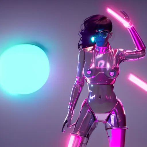 Image similar to cinematic, photography, a beautiful rihanna cyborg, perfect bionic body, pink chrome armor, neon holographic ui data displays, pink space gun, hajime sorayama, masamune shirow, octane rendered, 4 k, lens flare,