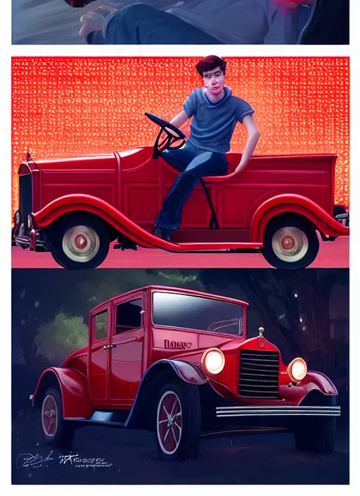 Image similar to teenage archie andrews, in a red ford model t, intricate, elegant, glowing lights, highly detailed, digital painting, artstation, sharp focus, illustration, art by wlop, mars ravelo and greg rutkowski