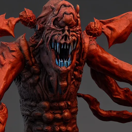 Image similar to goofy demon. eldenring boss, zbrush, arnold render, unrealengine 5, dark souls, horror, extremely detailed