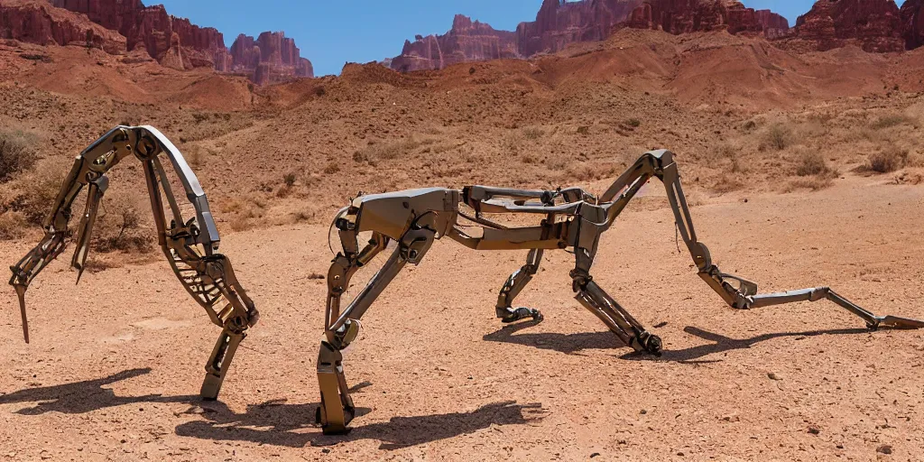 Image similar to giant metal robotic caracal 1 0 0 meters around and 1 million years old discovered after the rain washed away the sand and dirt, in a canyon in the utah desert