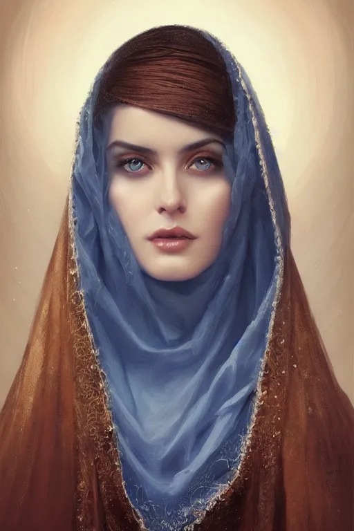 Image similar to ameera al taweel woman , bright blue eyes, wavy black hair, white veil, closeup, cinnamon skin color, elegant, highly detailed, centered, oil painting, artstation, concept art by tom bagshaw