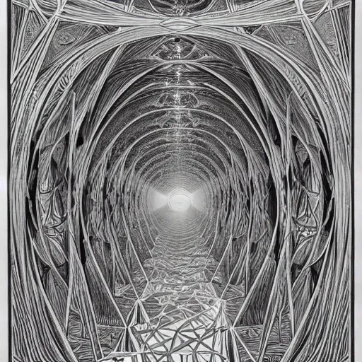 Image similar to crystal labyrinth beyond possibility of imagining, inhabited on many levels by Maurits Cornelis Escher, shining light, clear geometry, atmospheric, Award winning. Masterpiece, detailed illustration, alphonse mucha