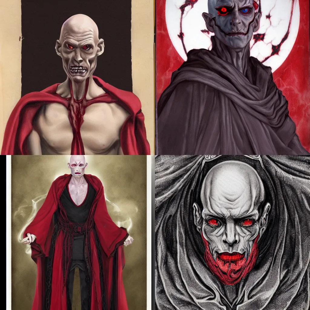 Prompt: realistic portrait of an evil D&D necromancer with a pale skin, an emaciated bald head, red eyes, and red and black flowing robes