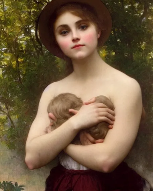 Image similar to annasophia robb with bowl haircut, bouguereau and mucha