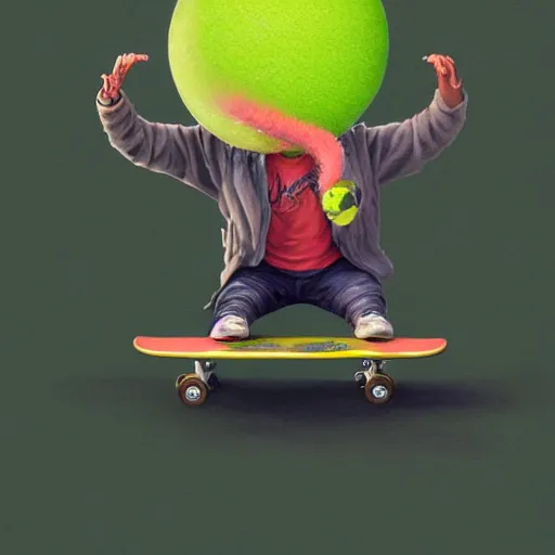 Image similar to highly detailed vfx portrait of a character of a skateboarding tennis ball monster, skateboard stephen bliss, chalk, unrealengine, greg rutkowski, loish, rhads, beeple, chalk, makoto shinkai and lois van baarle, ilya kuvshinov, rossdraws, tom bagshaw, basil gogos