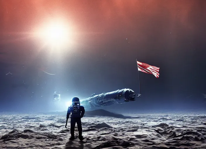 Image similar to astronaut holding a flag in an underwater desert. a submarine is visible in the distance. dark, concept art, cinematic, dramatic, atmospheric, 8 k, trending on artstation, blue, fish, low visibility, fog, ocean floor, christopher nolan, interstellar