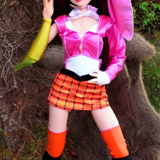 Image similar to anime barbie doll, leather bunny costume bodysuit, playboy, rabbit ears, plaid tights, full length, raspberry banana color, lace