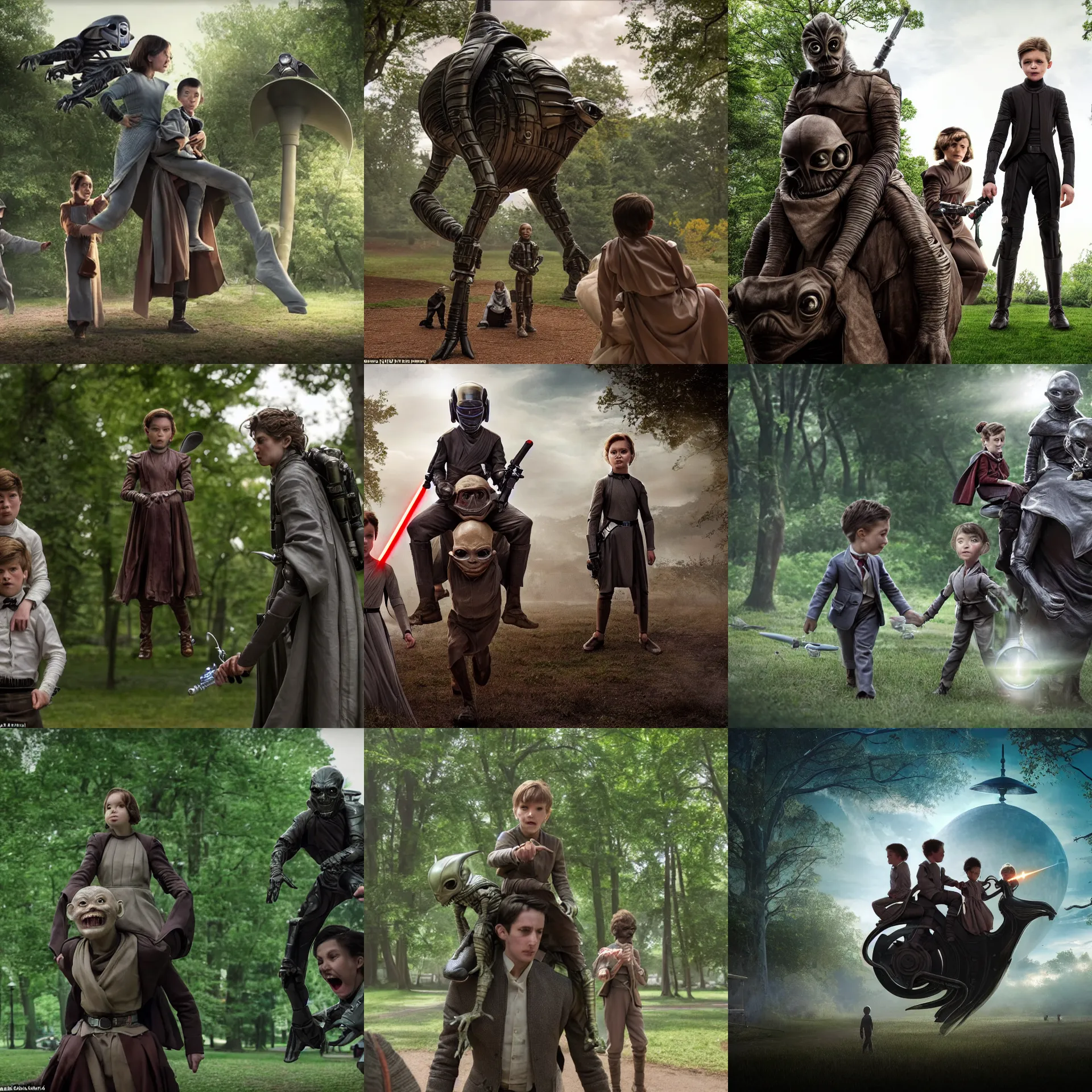 Prompt: sharp, highly detailed, film from a 2 0 1 9 sci fi 8 k movie, time travelers appear in a park, a boy jedi knight and a girl from an alternate 1 8 5 0 who is riding on the back of a small alien creature, each wearing correct era clothes, atmospheric lighting, in focus, reflective eyes, 3 5 mm macro lens, nice composition