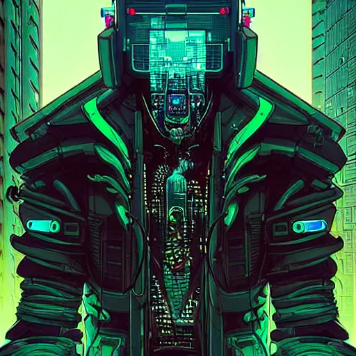 Image similar to A cyberpunk chthonic techno monster cyborg on the street of a cyberpunk city art by Josan Gonzalez, sci-fi, highly detailed, digital painting, artstation, smooth, sharp focus, illustration, concept art by Josan Gonzalez and James Gurney and Mœbius