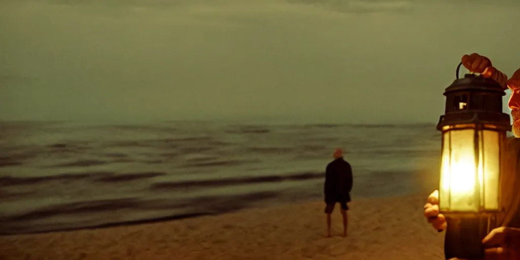 Image similar to film still of closeup old man holding up lantern by his beach hut at night. pirate ship in the ocean by emmanuel lubezki