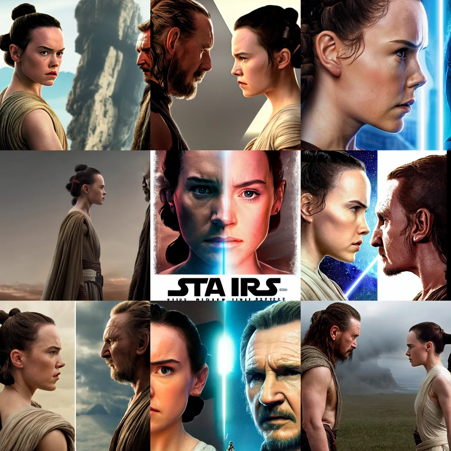 Prompt: side view of daisy ridley as rey skywalker, facing liam neeson as qui - gon jinn, star wars movie poster