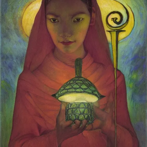 Image similar to the dawn queen with her lantern, by annie swynnerton and diego rivera and nicholas roerich, symbolist, dramatic lighting, elaborate geometric ornament, art brut, smooth, sharp focus, extremely detailed, leo and diane dillon, adolf wolfli, soft pastel colors