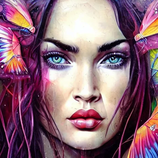 Prompt: Megan Fox Portrait by Lisa Frank, Karol Bak Sandra Chevrier and GMUNK, beautiful digital art