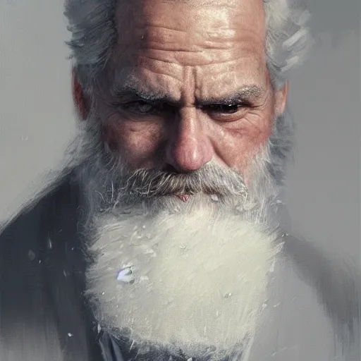 Image similar to An oil painting of a man dressed in priest robes, 50 years old, short grey hair, trimmed beard, sharp facial features, beautiful, highly detailed, by Cédric Peyravernay, trending on artstation